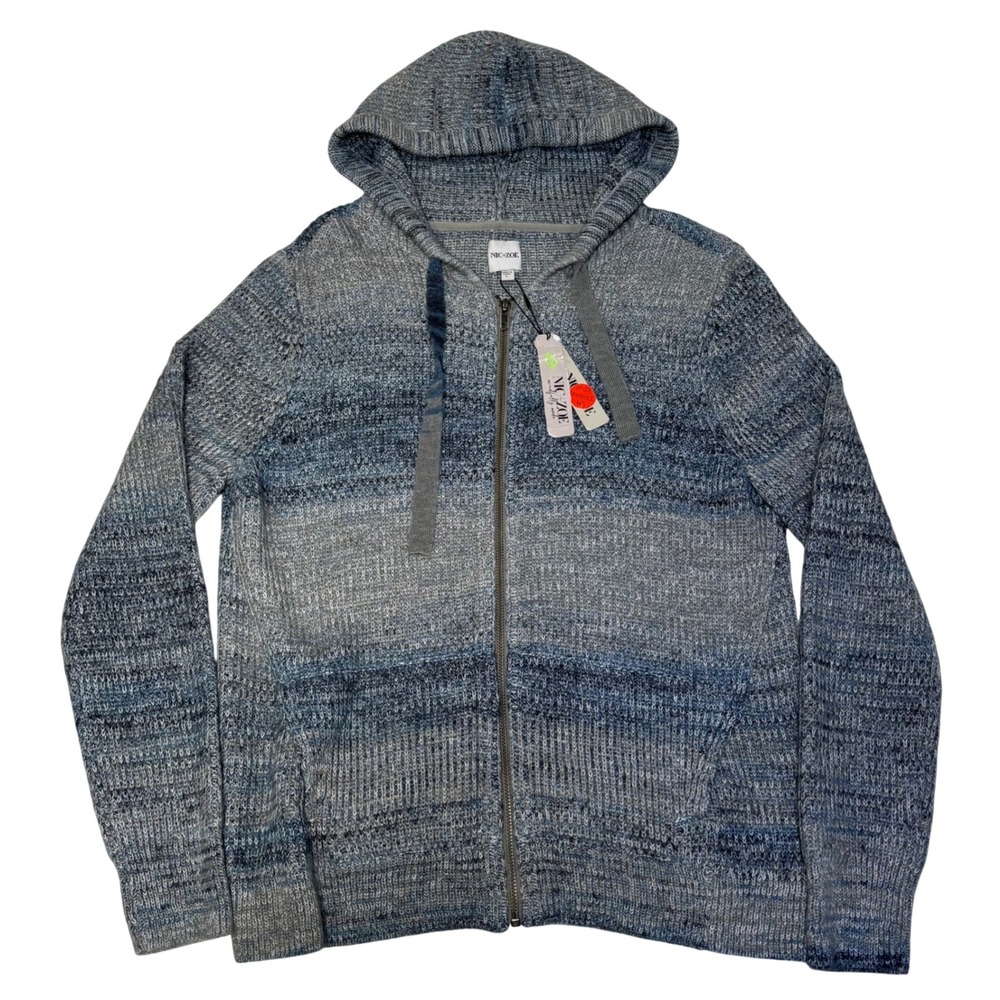 NIC+ZOE Women's Ombre Knit Full Zip Hoodie Jacket Blue Grey Size Large NWT